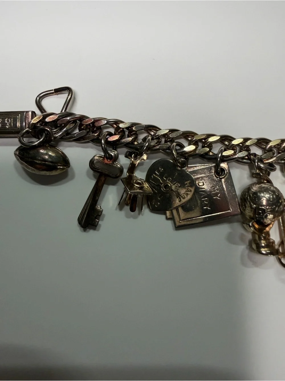 Vintage 1950s Gold Tone Charm Bracelet Keys Diary Globe Mid Century Estate